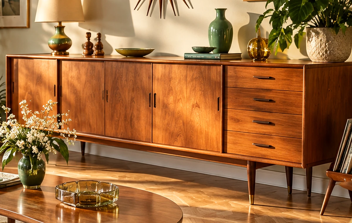 Detail eines Sideboards mit typischer Holzmaserung und schlanken Beinen