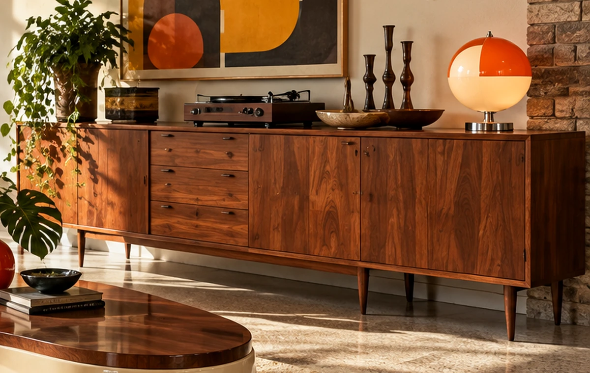 Sideboard und dekorative Accessoires im Stil der 1960er-Jahre