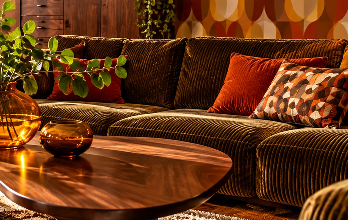 Cordsofa in warmem Farbton als typisches Statement der 1970er