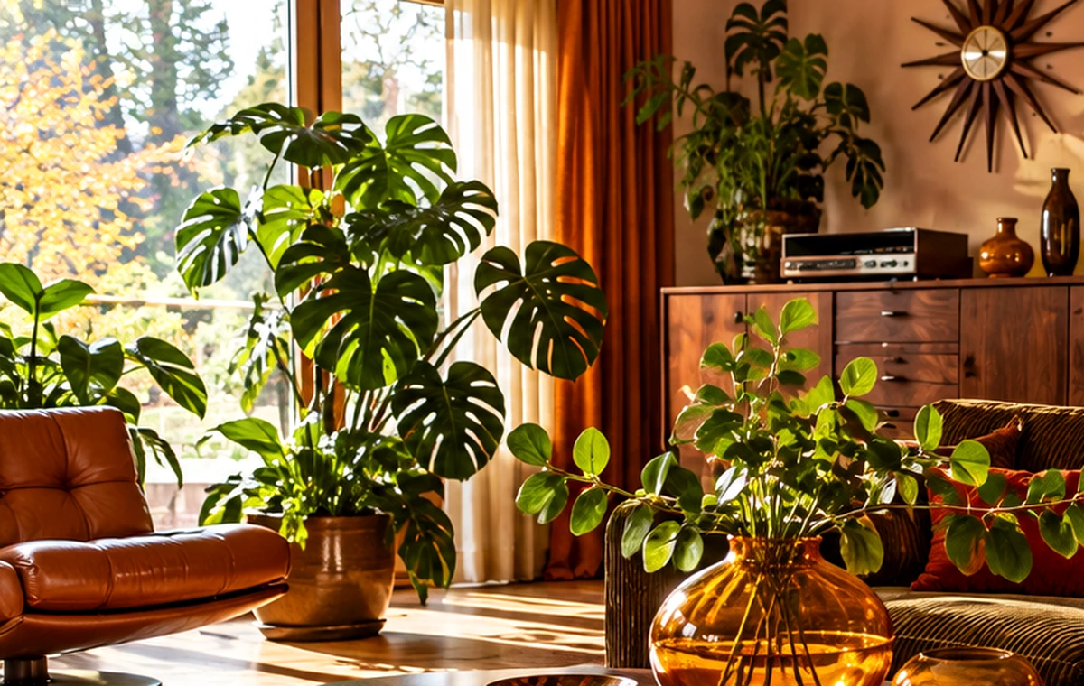 Holzmöbel, Pflanzen und Naturmaterialien in einem warmen Wohnraum der 1970er-Jahre