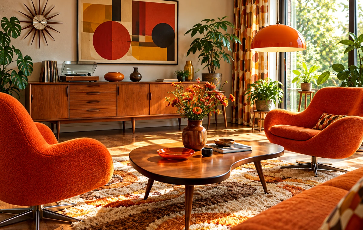 Retro-Lounge mit warmen Farben und einer markanten Akzentwand