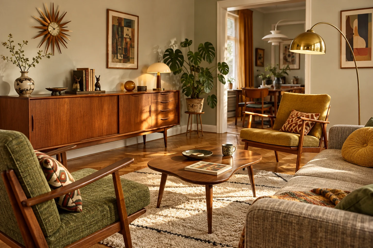 Mid-Century-Wohnraum der 1950er mit warmem Holz und hellen Farben
