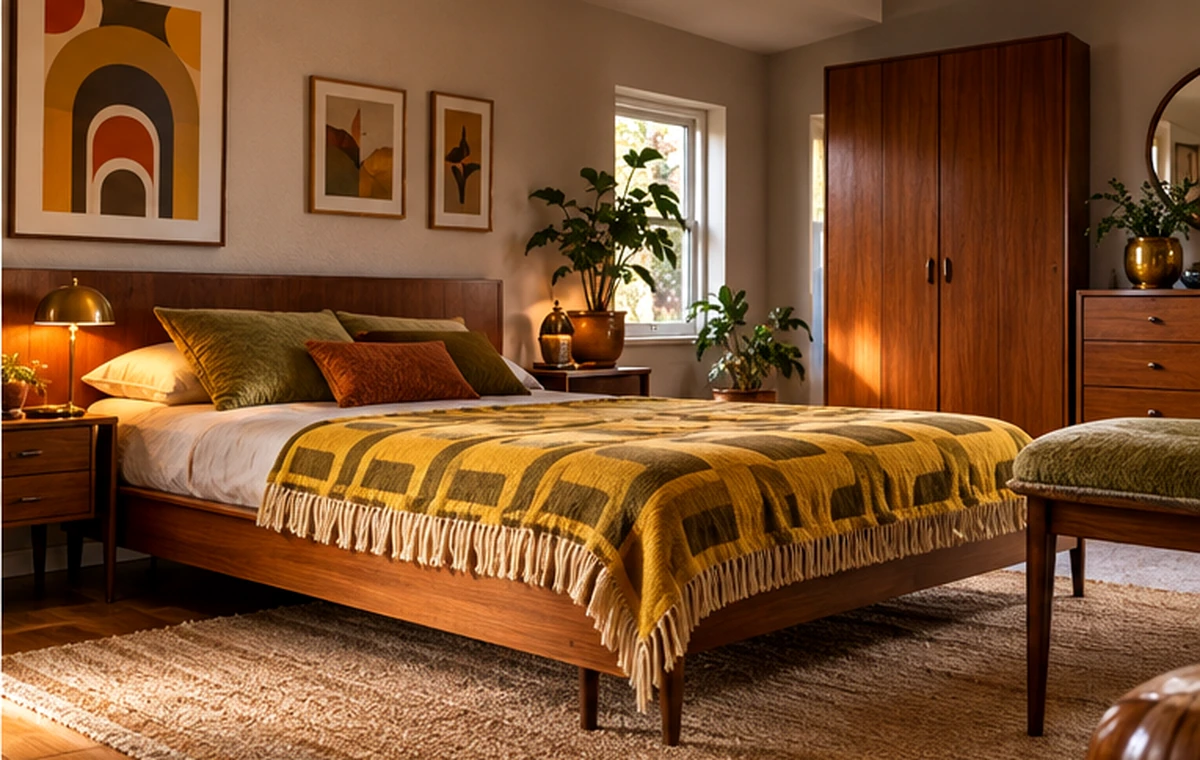 Retro-Schlafzimmer mit Holzrahmenbett, warmen Textilien und ruhigen Farben
